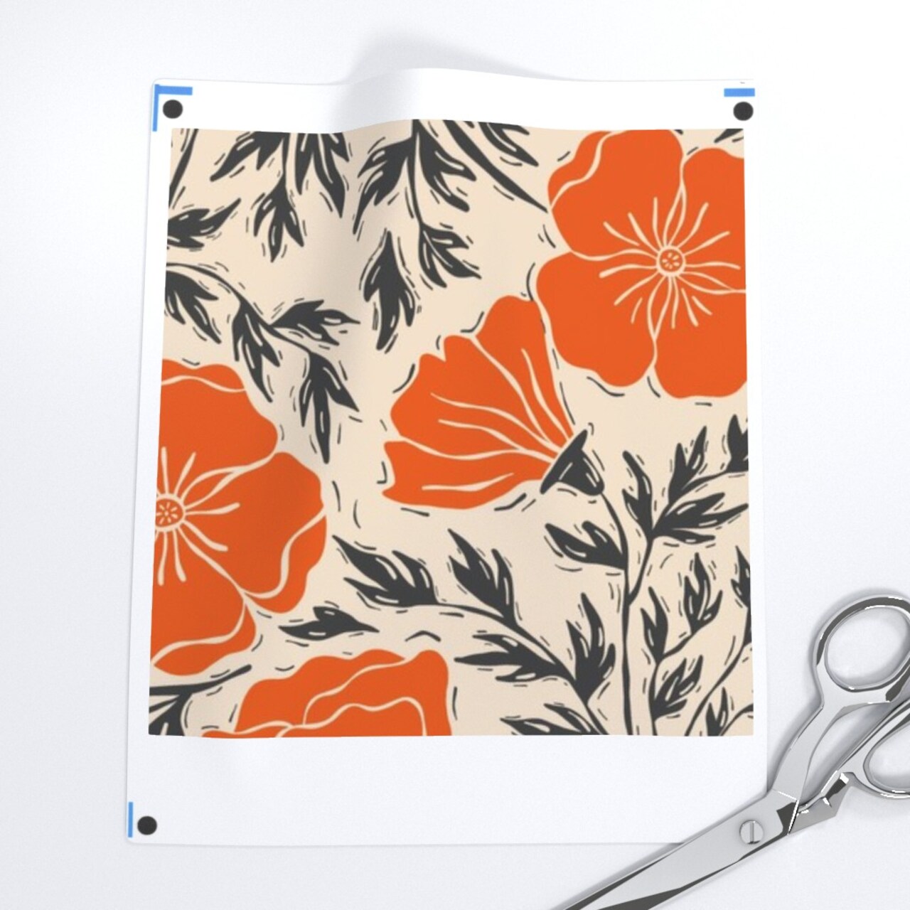 Orange Floral Block Print Summer Poppies Retro Linocut Bold Black Botanical Modern Flowers Custom Printed Fabric by Spoonflower Various Fabrics by the Yard or Fat Quarter